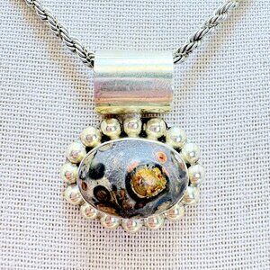 VTG Sterling Silver 925 Leopard Jasper Bezel Set Pendant Necklace 24" Length